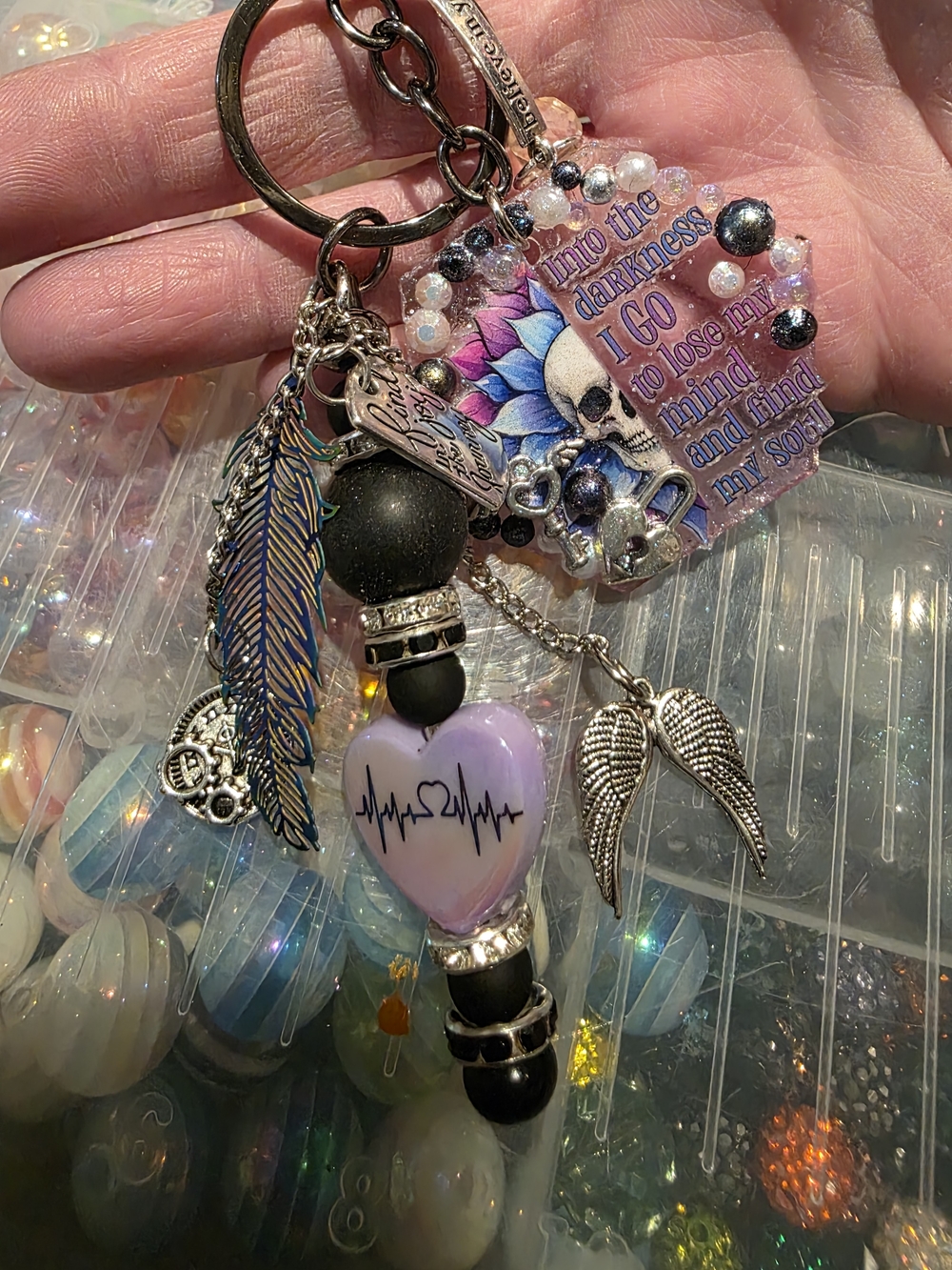Handmade Purple Heart Charm Keychain with Feather & Angel Wings